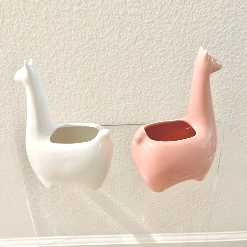 🦙 2 Pink White Llama Mini Planter Vases Porcelain Home Decor